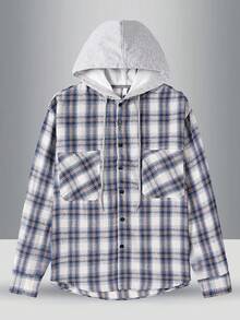 Chaqueta de cuadros con capucha, bolsillo en el pecho, ajustable con cordón, corte holgado, adecuada para primavera y otoño - Azul - Ver 2