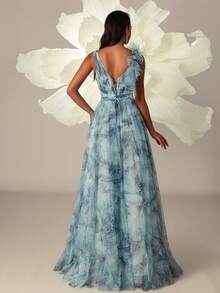 VIPGIRL Long Blue Printed Mesh Elegant Women's Evening Gown - Blue - View 2