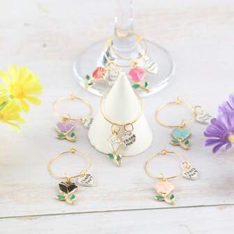 7/10pcs 25mm Romantic Rose/Cute Bee With "Thank You" Heart Wine Glass Charms, Christmas Decorations, Floral Elements Suitable For Stemware, Mugs, Great For Anniversary, Birthday, Wedding, Christmas Celebration