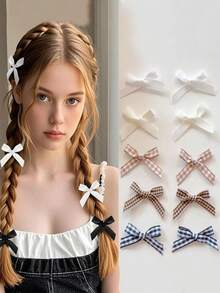 12/10/6 Stück Mädchen Milchkaffee-Farbpalette kariertes Muster Y2K-inspirierte Mini-Schleifen-Haarspangen Set - Süß & niedlich rutschfeste Schleifenspangen für Teenager und Mädchen, vielseitig für alle Haartypen