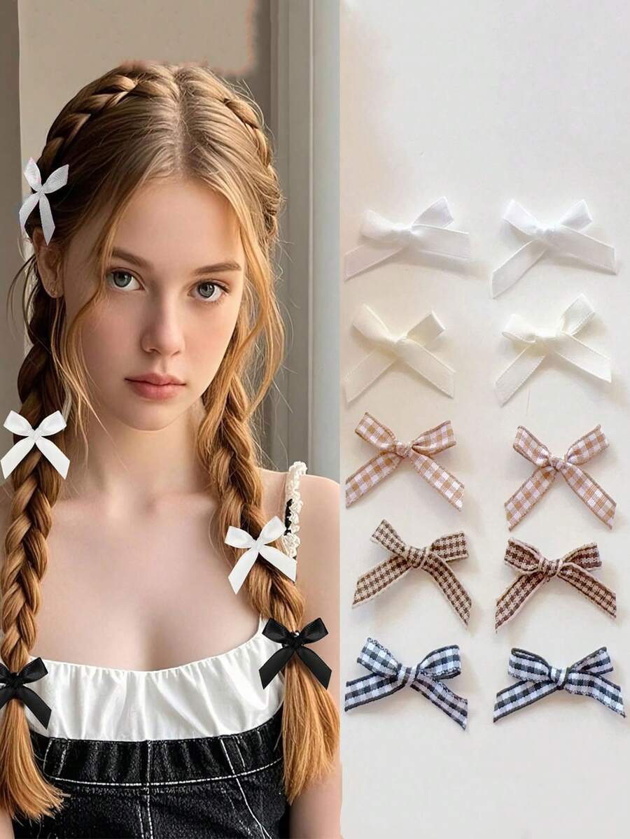 12/10/6 Stück Mädchen Milchkaffee-Farbpalette kariertes Muster Y2K-inspirierte Mini-Schleifen-Haarspangen Set - Süß & niedlich rutschfeste Schleifenspangen für Teenager und Mädchen, vielseitig für alle Haartypen