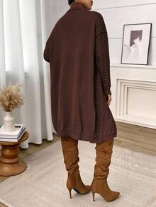 大码女式休闲长款开衫，落肩长袖单排扣，秋冬 - 棕色 - 查看 3