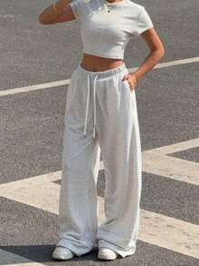 Women's Solid Color Outdoor Sports Pants, Elastic Waistband, Drawstring Waist Design, Versatile Minimalist Shorts