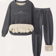 Women'S Cozy Fleece-Lined Sweatshirt & Jogger Set - Casual Long Sleeve Crewneck With "Love" Print, Drawstring Pockets, And Thickened Design For Fall/Winter, Cozy Clothing | Relaxed Fit Pants | Fleece Lined Sweatshirt, Sweater Pants - Xám đậm - Xem 1