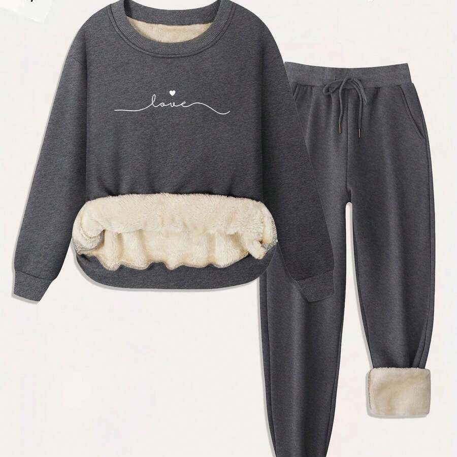Women'S Cozy Fleece-Lined Sweatshirt & Jogger Set - Casual Long Sleeve Crewneck With "Love" Print, Drawstring Pockets, And Thickened Design For Fall/Winter, Cozy Clothing | Relaxed Fit Pants | Fleece Lined Sweatshirt, Sweater Pants - Xám đậm - Xem 1