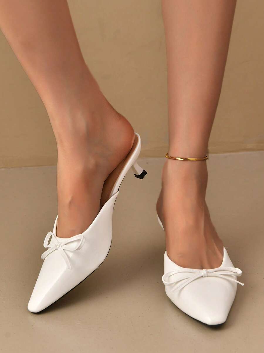女士白色高跟凉鞋，时尚蝴蝶结细高跟鞋，优雅淑女风格，露趾穆勒鞋，夏季一脚蹬鞋