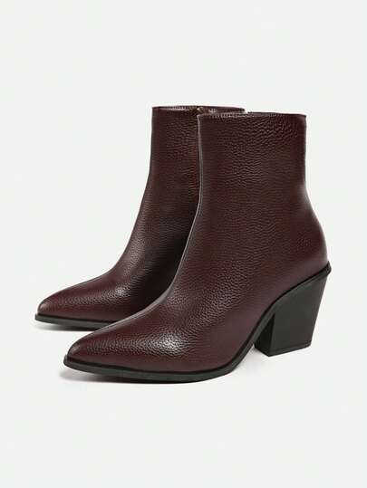 Fall/Winter New Autumn Women's Pointed Toe Chunky High Heel Ankle Boots,Burgundy Heels