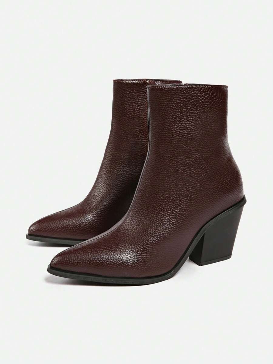 Fall/Winter New Autumn Women's Pointed Toe Chunky High Heel Ankle Boots,Burgundy Heels - Brown - View 1