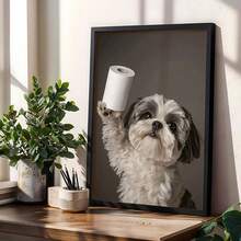 1 pièce Impression sur canevas d'un Shih Tzu avec du papier toilette, œuvre murale sans cadre, décoration pour la maison et le bureau, parfaitement adaptée à la décoration de la maison, de la chambre, du salon, de la salle de bain, décoration murale, avec ou sans cadre en option