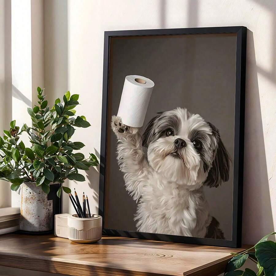 1 pièce Impression sur canevas d'un Shih Tzu avec du papier toilette, œuvre murale sans cadre, décoration pour la maison et le bureau, parfaitement adaptée à la décoration de la maison, de la chambre, du salon, de la salle de bain, décoration murale, avec ou sans cadre en option