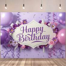 1pc Purple Balloon Happy Birthday Backdrop, Featuring Purple Balloons And Floral Design, Suitable For Birthday, Anniversary, Women's Portrait, Cake Table Decor, Home, Room And Event Photography Props, Available In Multiple Colors, Suitable For All Seasons, Can Be Used For Room Decor, Creating Holiday Atmosphere And Birthday Party Decoration. - Multicolor - View 2