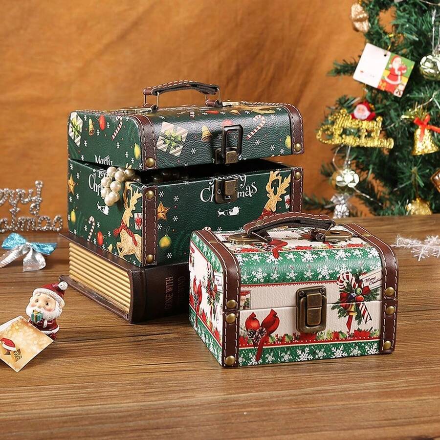 Weihnachtsstil PU-Leder Retro-Schmuckaufbewahrungsbox aus Holz mit Griff ID-Aufbewahrung Schatz Holzbox Kleinigkeiten Aufbewahrungsbox Weihnachtsgeschenk Heimdekoration Weihnachtsfeier Tischdekoration Multifunktionale Schmuckschatulle Kosmetikaufbewahrungsbox Feiertagsgebrauch