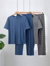 4pcs Men's Lightweight Pajama Set, Short Sleeve Top And Long Pants, 4-Piece Plaid Lounge Wear Suit For Summer