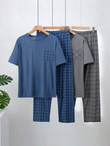 4pcs Men's Lightweight Pajama Set, Short Sleeve Top And Long Pants, 4-Piece Plaid Lounge Wear Suit For Summer - Multicolor - View 2