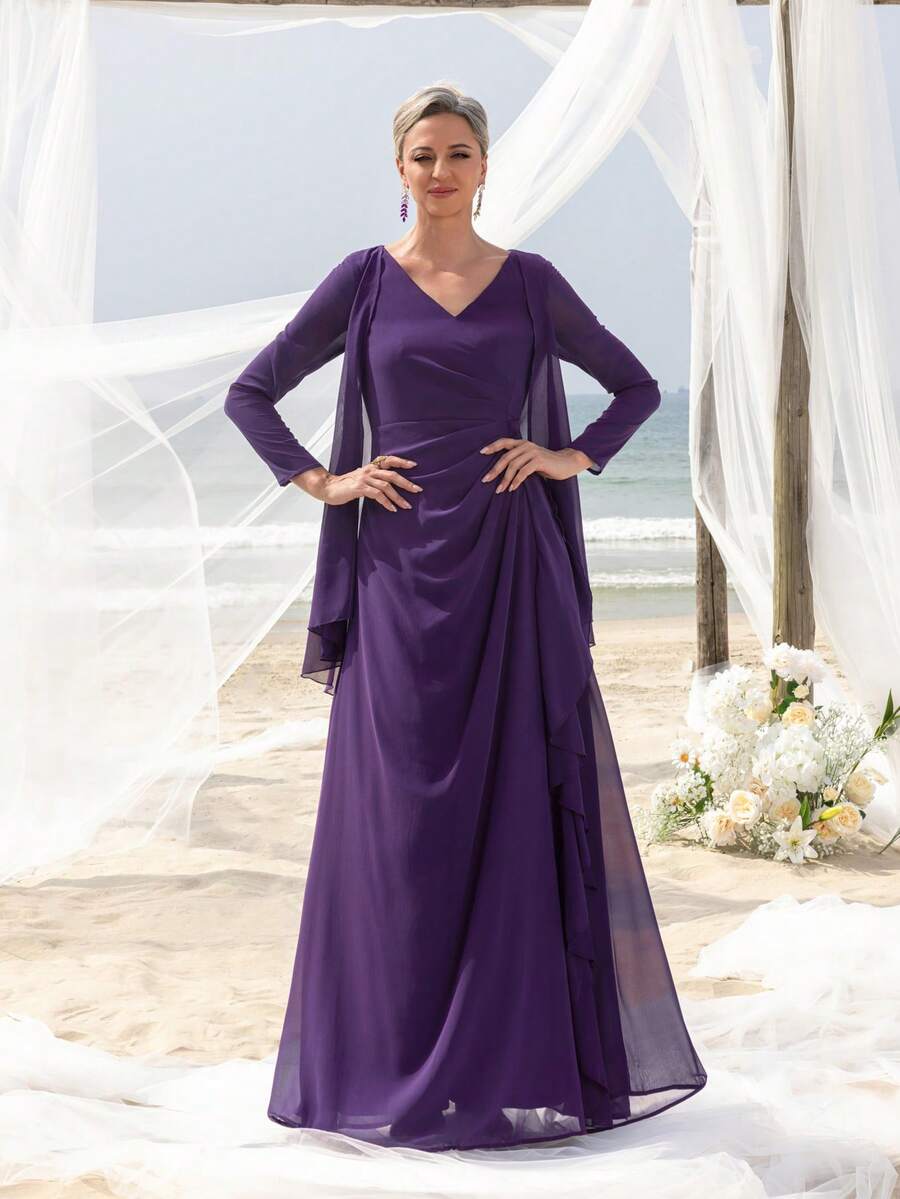 Mother Three-Quarter Sleeve Cardigan-Style 2 In 1 V-Neck Floor-Length Party Gown – Chiffon Ruffled Hem, Form-Fitting Silhouette For Beach Weddings & Upscale Outdoor Events