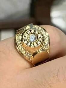 Hip-Hop Avant-Garde Large Dollar Sign Men's Ring With Sparkling Synthetic Cubic Zirconiaia Stones, Golden-Tone Statement For Parties, Christmas, Halloween & Daily Wear - Perfect Gift For Men, Hip Hop, Party Accessory, Design, Luxurious Appearance