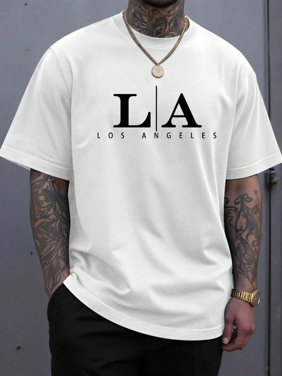 Camiseta casual de verano para hombres cuello redondo manga corta estampado de letras gráfica Ángeles diseño fresco transpirable moda streetwear básico cómodo dailywear outfit urbano - Blanco - Ver 1