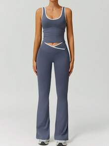 NcmRyu 1 Set Women's High Elasticity Contrast Color V-Neck Slim Waist Tank Top And Pants Sports Suit Summer - 霧霾藍 - 查看 5