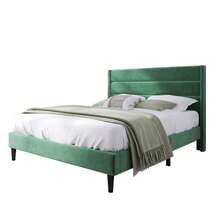 Upholstered Bed 140 X 200 Cm, Bed Frame With Slatted Base And Headboard, Upholstered Double Bed, Dark Green Velvet Textile Cover, Modern And Timeless Design, Youth Bed - Green - View 4