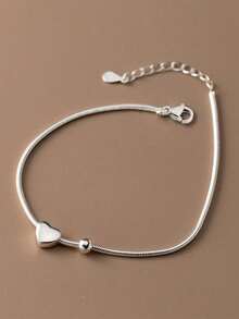 1pc Elegant Women's Jewelry, S925 Silver Dainty Ins-Style Heart & Bead Design Minimalist Snake Bone Chain Bracelet, Suitable For Daily Wear - #1 - View 10