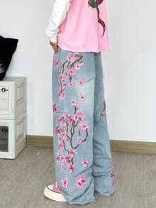 1pc Korean Casual Street Style Embroidered Washed Light Blue Loose Fit Wide Leg Jeans For Men, Versatile All-Season Couple Matching Pants (Excluding Belt/Accessories) - Blue - View 1