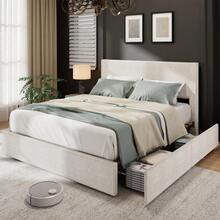 Modern Bed Frame, Full/Queen/King Size Platform Bed Frame With 4 Storage Drawers, Upholstered Corduroy Channel Tufted Headboard Bed Frame With Strong Wooden Slat Support, No Box Spring Needed - 米色-大號 - 查看 8