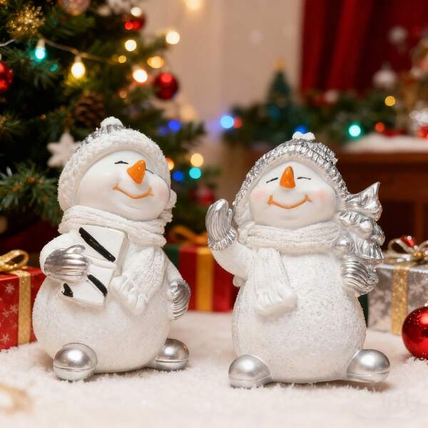 2pcs Classic Resin Snowman Christmas Decoration - Festive Indoor/Outdoor Holiday Ornament With Knitted Hat, Scarf, And Striped Mittens, Perfect For Fireplace Or Window Sill Decor, Holiday Home Decor | Holiday Spirit Accessory | Detailed Snowman Figurine, Outdoor Christmas Decorations