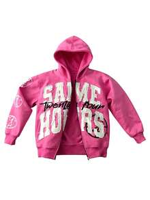 Lettering Print Hoodies, Relaxed, Loose Zip-Ups, Streetwear Jackets, Everyday Tops, Fall/Winter Layering Sweatshirts, Unisex Hoodies - Hồng - Xem 2