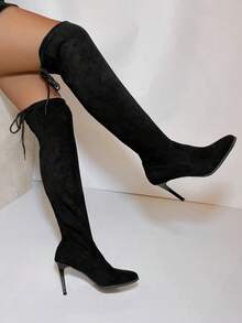 بوت طويلة فوق الركبة ذات كعب رفيع وملون بشكل أنيق، بوت أنيقة وممشقة الشكل - الأسود - مشاهدة 6