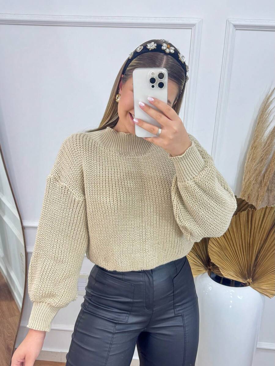 SELINE Women's Elegant Winter Blouse, Basic Knit. - Krim - View 1