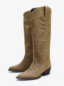 Fall/Winter New High Heel Pointed Toe Tall Boots, Women's Deep Brown Wide Shaft Riding Boots, Tall Straight Shaft Vintage Style,Cowboy Boots - Khaki - View 5