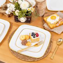 Juego de 50/25/10/1 platos cuadrados blancos con borde dorado, platos blancos para ensalada con borde dorado, bandejas de cena de 7.25 pulgadas y 10 pulgadas, adecuados para fiestas, al aire libre, bodas, restaurantes