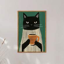 1幅黑猫咖啡主题帆布墙画，条纹毛衣印花，舒适现代海报，简约波西米亚风装饰，适用于厨房、客厅或办公室，宠物爱好者礼物，可选无框或有框。 - 彩色 - 查看 5