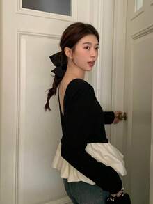 Casual Sweet Ballet Style Layered Blouse With Ruffle Trim And Long Sleeves, Suitable For Women In Spring And Autumn