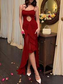 Váy dự tiệc màu trơn gợi cảm xẻ tà bất đối xứng/không đều StyleQye dành cho nữ, trang trọng, thoải mái, đa năng, dự tiệc tối - Đỏ - Xem 5