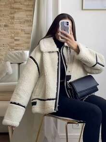 HH 优雅女士街头风格保暖加厚外套女士冬季翻领长袖口袋拉链装饰休闲夹克