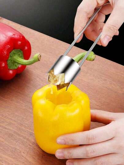 1 pieza Sacador de semillas de vegetales y frutas, Sacador de acero inoxidable, Sacador de semillas de pimiento morrón, Sacador manual, Sacador de semillas de pimiento morrón rojo, Sacador de frutas, Sacador de manzana, Sacador de pera, Sacador de vegetales y frutas, Máquina de cortar pimiento morrón, Herramienta para quitar semillas de chile, Sacador de vegetales y pimiento morrón, Herramienta de cocina, Sacador de frutas, Herramienta de cocina multifuncional