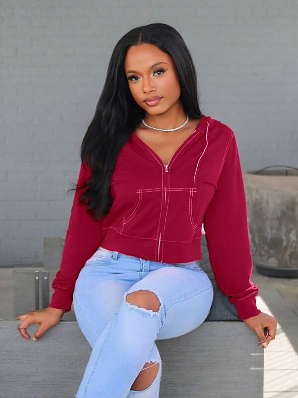 Steph T Damen Kontrast-Farbige Kapuzen-Sweatshirt mit Kordelzug und Kürzel Saum, Abschluss, Lehrer, Rückkehr zur Schule Pullover Herbst