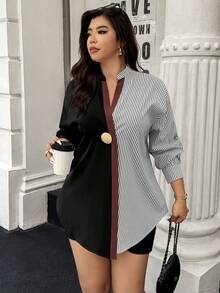 Plus Size Summer Colorblock Striped Metal Button V-Neck Casual Elegant Blouse For Women, Suitable For Daily, Outing, Commuting - Multicolor - View 3