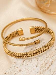 时尚优雅的扭曲不锈钢女士手链，适合多种场合，可堆叠，也适合作为送给朋友的礼物 - 金黃色 - 查看 8