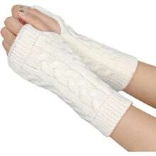 Womens Fingerless Gloves Winter Warm Knit Arm Warmers Mittens Soft Hand Crochet Wrist Warmers Thumb Hole Gloves,25515578 - 白色 - 查看 5