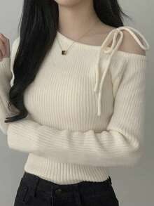 露肩不对称露肩系带蝴蝶结设计百搭针织毛衣，女士 - 米色 - 查看 3