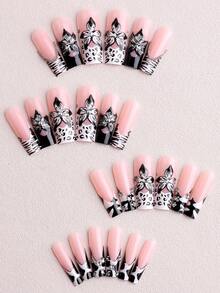 Heben Sie Ihren Stil mit 24 Stücke Leoparden-Nägeln, schwarzen Nägeln, extra langen quadratischen Nägeln, coolem dunklem Stil, mit schwarz-weißen Blumen-, Zebra- und Leopardenmuster-Designs, kombiniert mit Strass, Y2K-Nägeln, enthält 1 Stück Kleber und 1 Stück Nagelfeile, für Frauen & Mädchen für den täglichen Gebrauch, Rave-Party-Verwendung Nagelbedarf