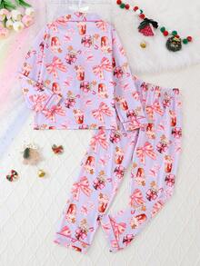 2pcs/Set Girls & Teens Casual Bow & Ice Cream Print Lapel Long Sleeve Cardigan And Pants Pajama Set, Flame Retardant, Suitable For Christmas And All Seasons - Purple - View 2