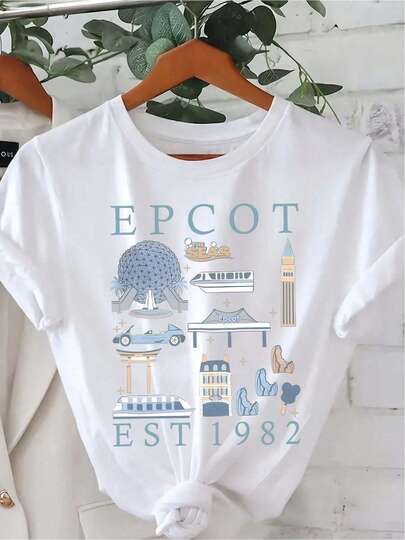 Women's Epcot Est 1982 Graphic Print T-Shirt - White Short Sleeve Crew Neck Casual Top With Iconic Landmarks, Soft Hine-Washable Fabric,  -Inspired Tee For Theme Park Fans, Vacation Outf