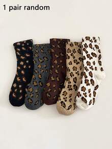 1/5 Pairs Women Leopard Print Mid-Calf Socks, Breathable, Warm, Long, Casual, Sports, Socks, Soft & Comfortable, Cute, Stylish, Suitable For Autumn/Winter Daily, Office, Home, Commute, Holiday Outfits - Multicolor - View 6