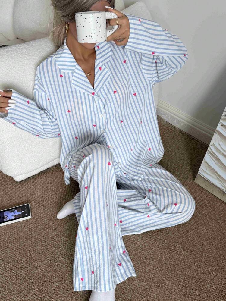 2 pezzi Set pigiama donna, composto da top manica lunga morbido e comodo e pantaloni lunghi, abbigliamento casual e carino per la casa, adatto per autunno e inverno - Blu - Visualizzare 7