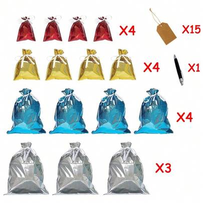 15Pcs Large Christmas Drawstring Gift Bags With 15 Tags & Pen,  Foil Xmas Tie Bags For Presents Variety Of Sizes,Reusable Christmas Wrap Bag Multipack