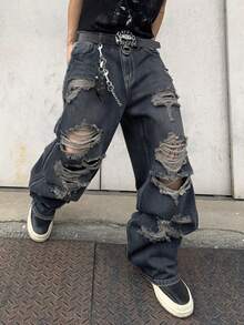 1 chiếc quần jeans ống rộng rách rưới dành cho nam, kiểu dáng vintage Mỹ, phong cách đường phố, dáng rộng thoải mái (Sản phẩm không bao gồm thắt lưng và phụ kiện) - Màu xanh bụi bặm - Xem 4