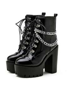 Women's Goth Platform High Heels Boots Lace-Up Chunky High Heels Round Toe Zipper Punk Ankle Booties Fashionable Rave Buckle Y2k Booties - Đen A - Xem 2